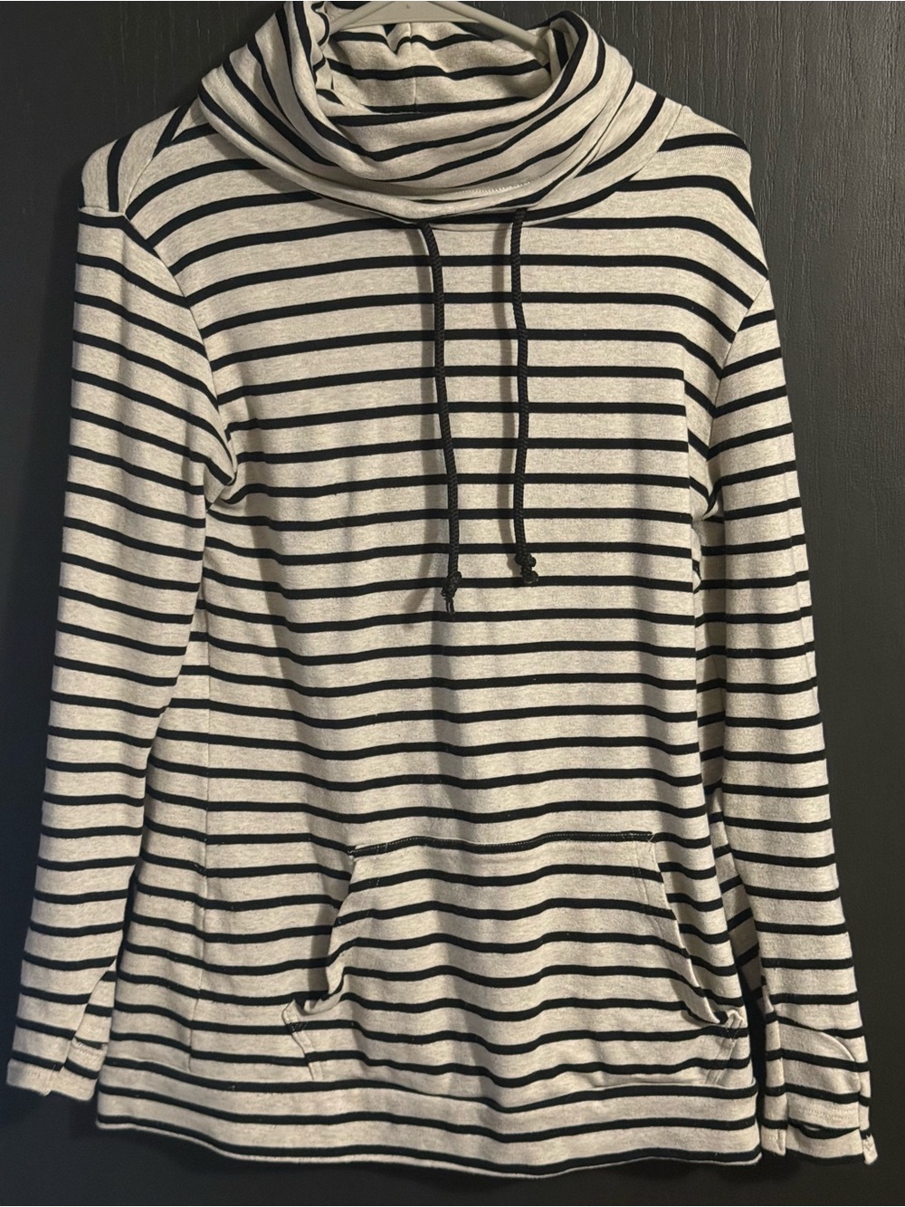 Striped Black and White Cowl Neck Pullover Sweater